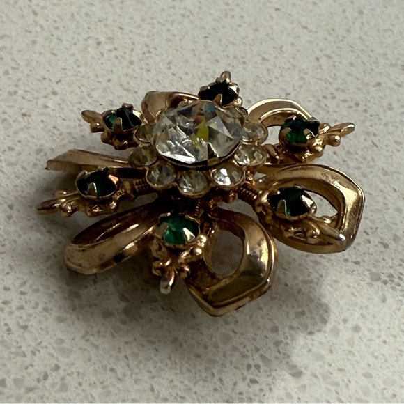 Vintage Brooch Gold Tone Rhinestones Sunburst Starburst MCM Mid-Century Modern - Picture 7 of 8